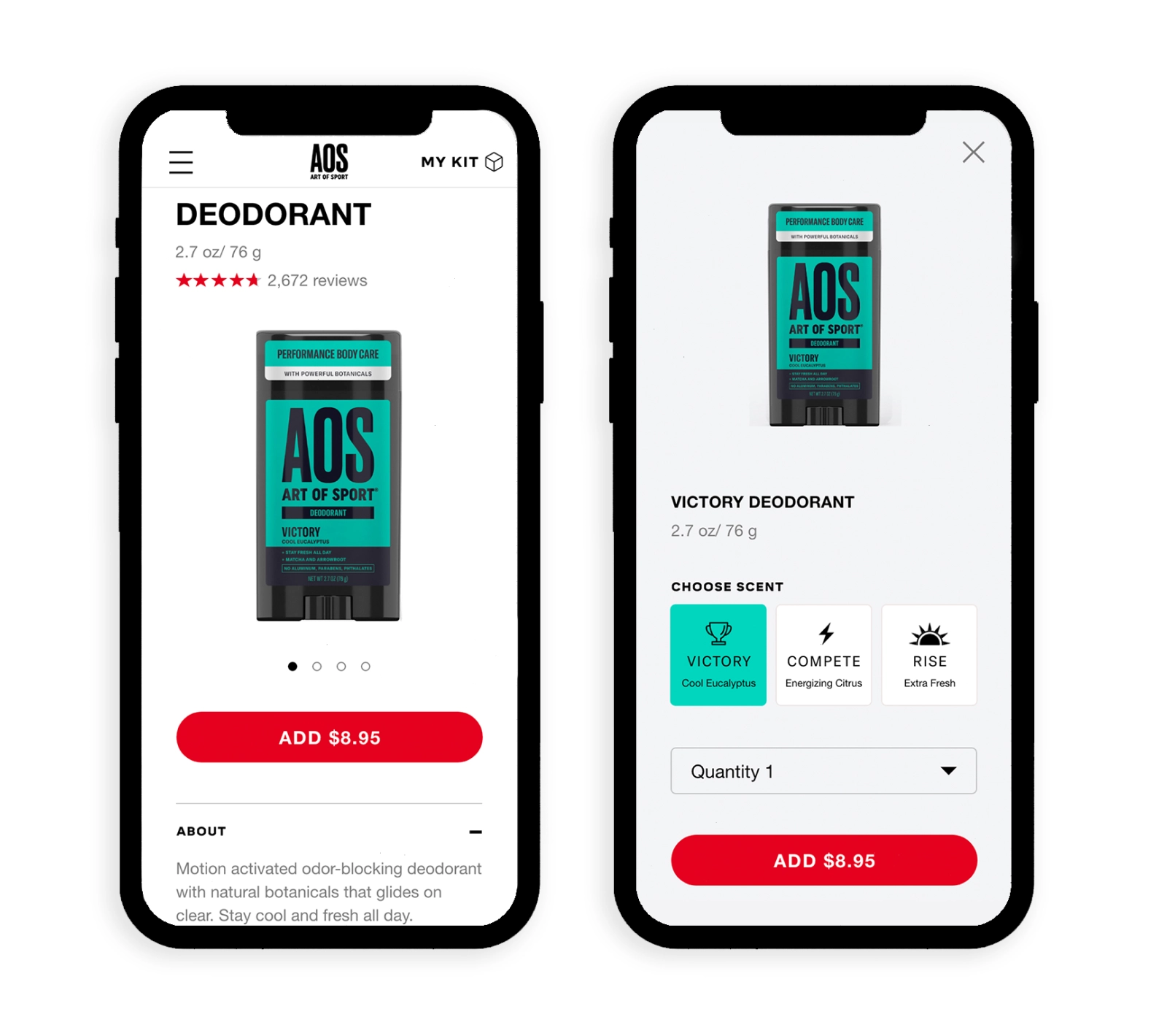 Mobile mockups of Art of Sport's product details page