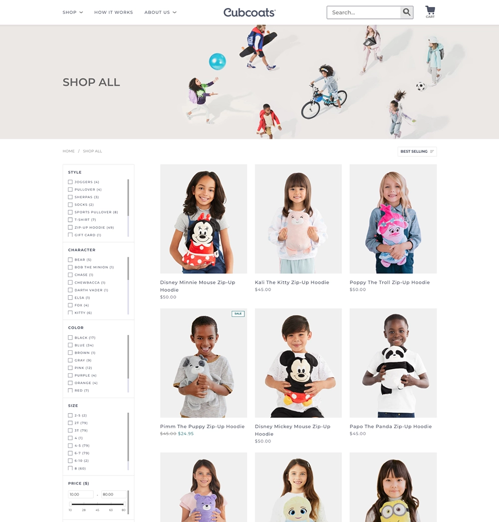 Desktop mockup of Cubcoats product listing page