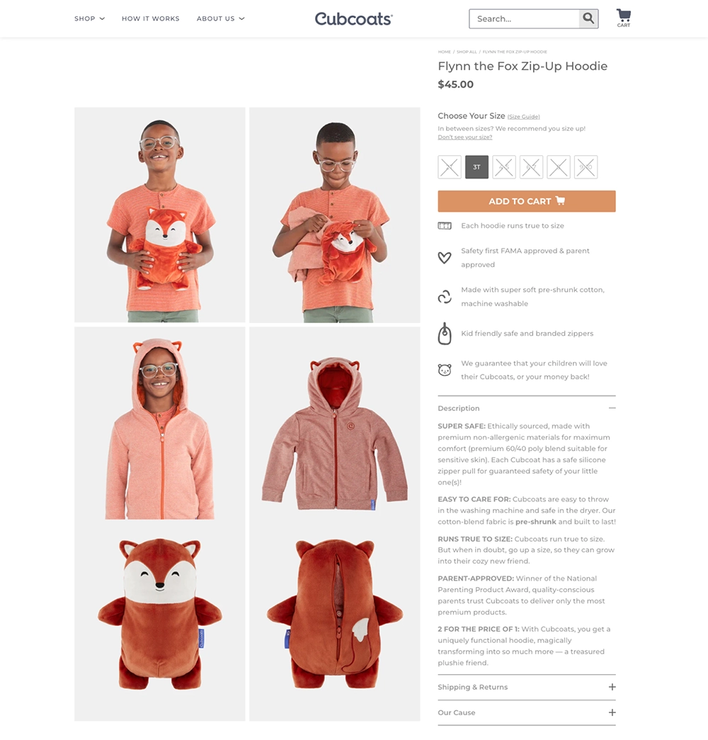 Desktop mockup of Cubcoats product details page