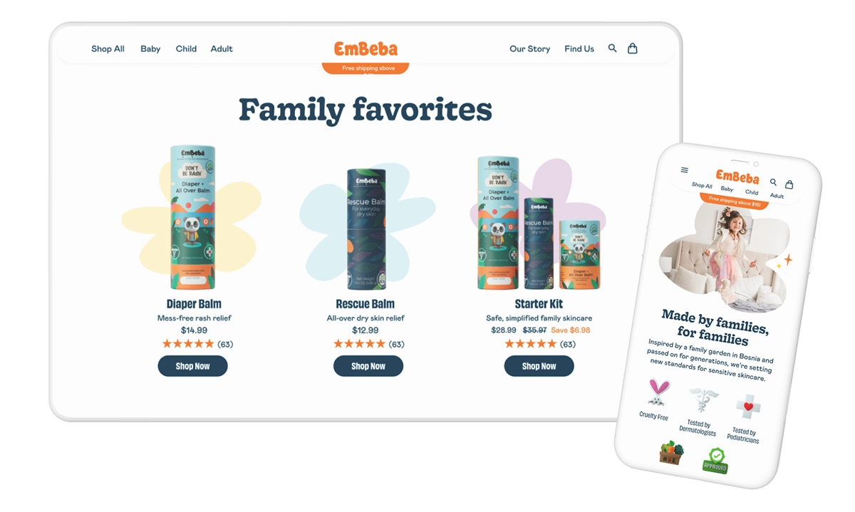 Desktop and mobile mockups of EmBeba's home page