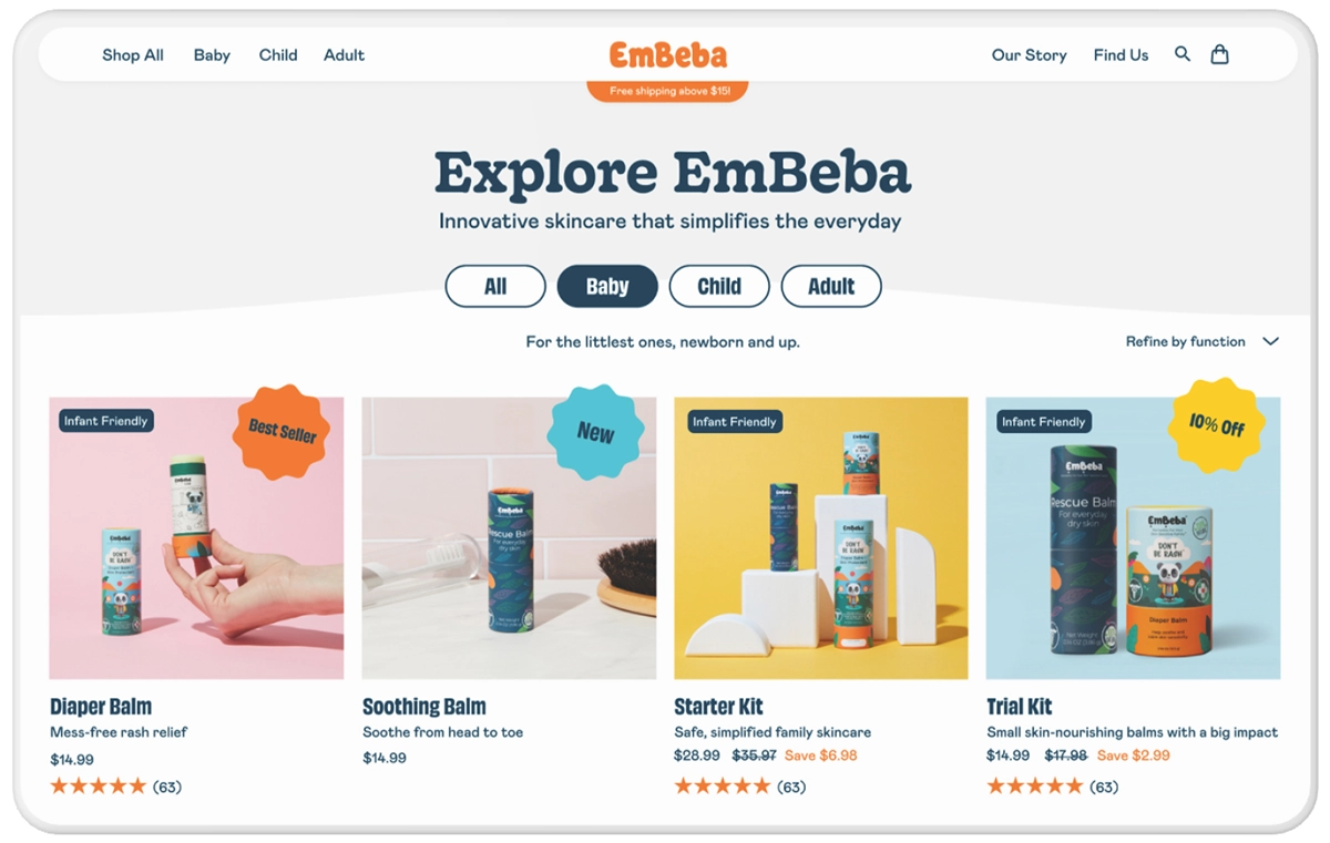 Desktop mockup of EmBeba's product listing page