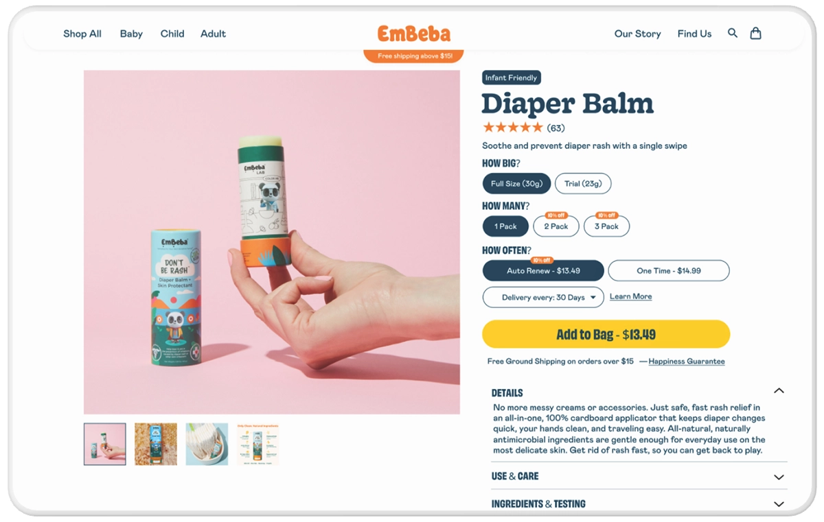 Desktop mockup of EmBeba's product details page