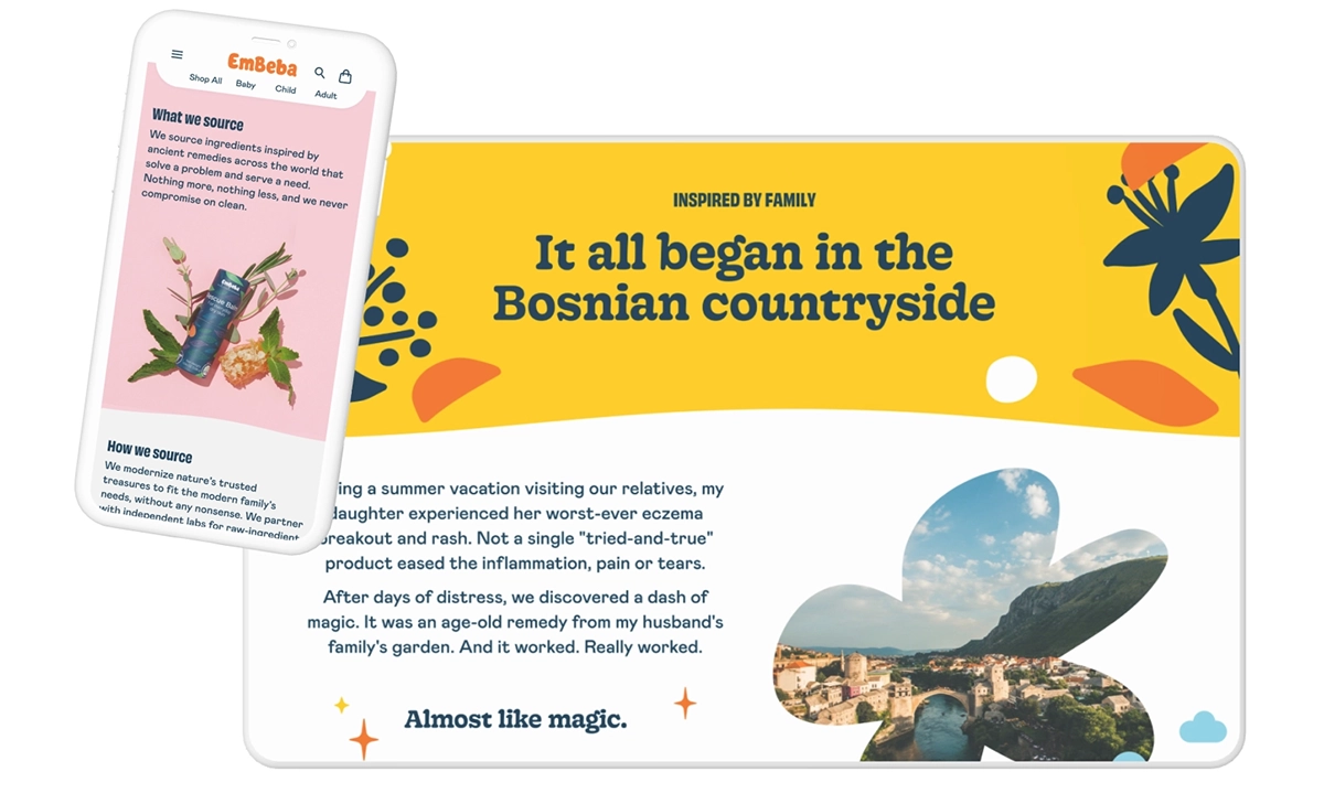 Desktop and mobile mockups of EmBeba's about page