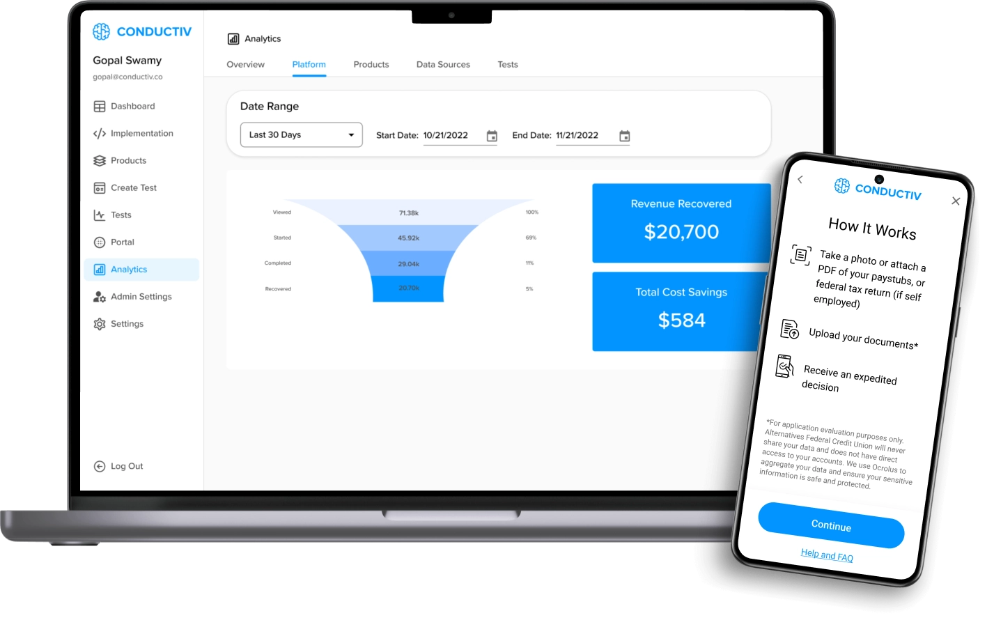 Desktop and mobile mockups of the Conductiv dashboard