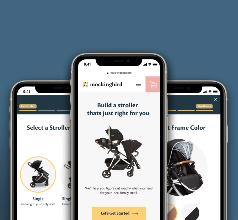 Mobile mockups of Mockingbird's guided buying experience