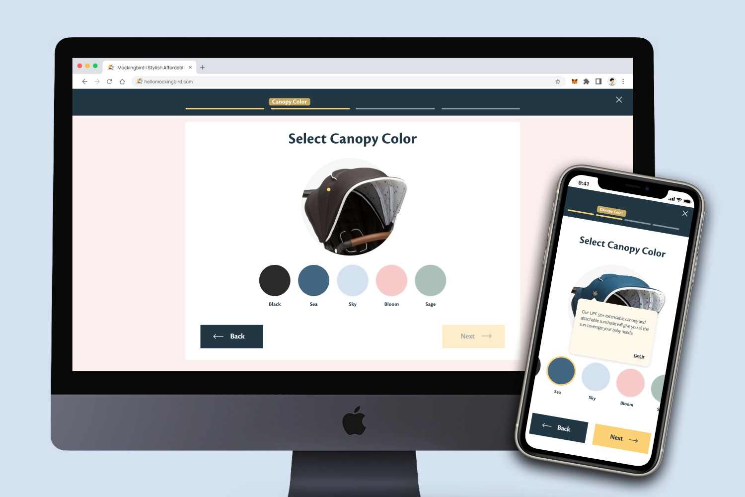 Desktop and mobile mockups of Mockingbird brand