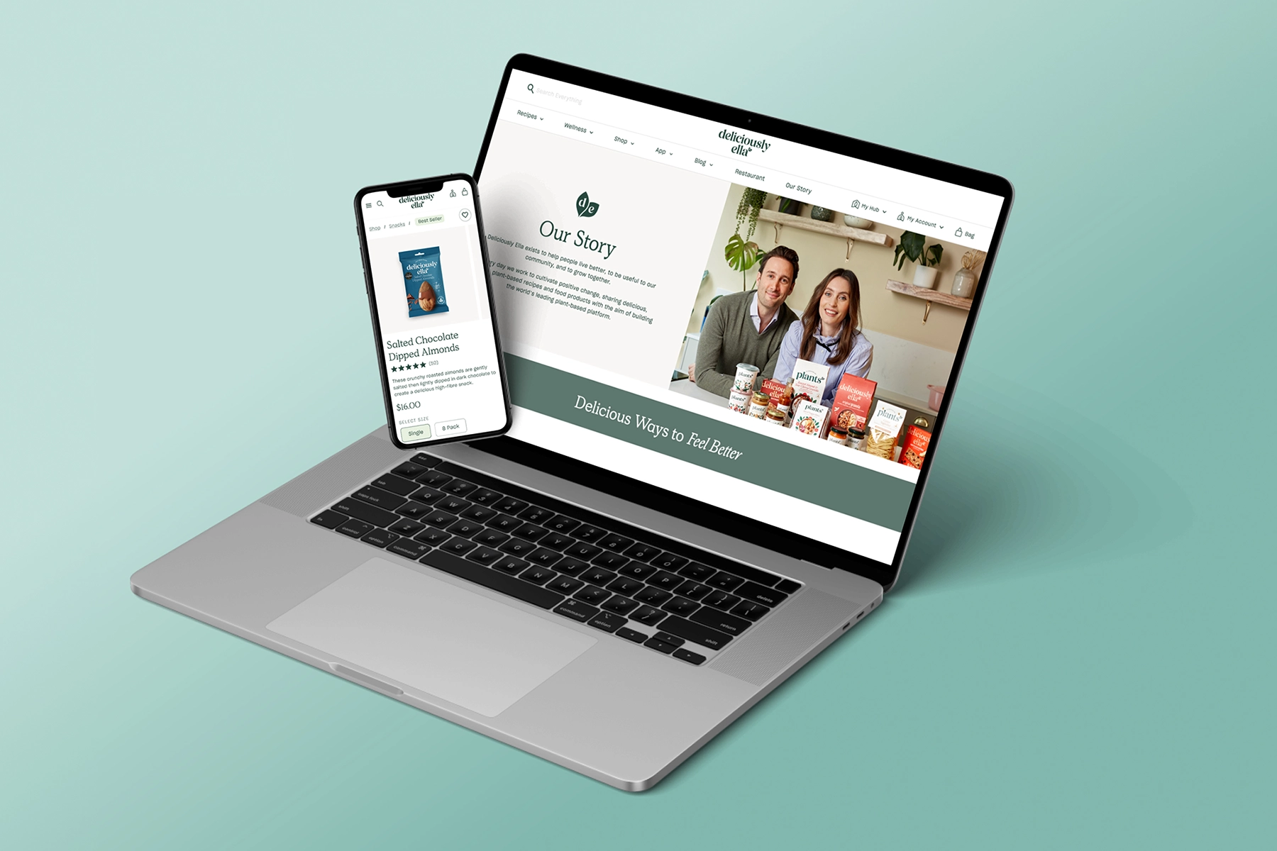 Desktop and mobile mockups of Deliciously Ella brand