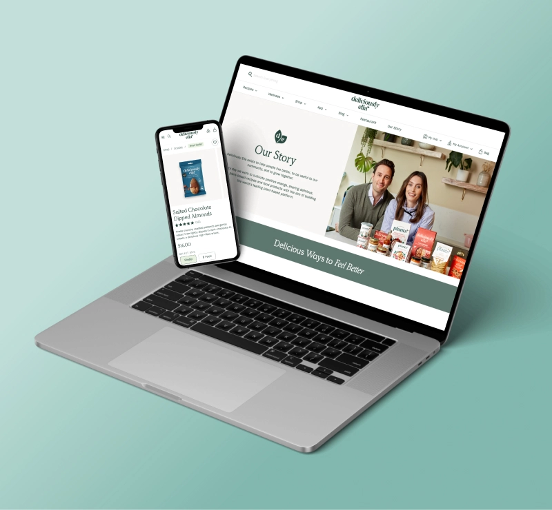 Desktop and mobile mockups of Deliciously Ella brand