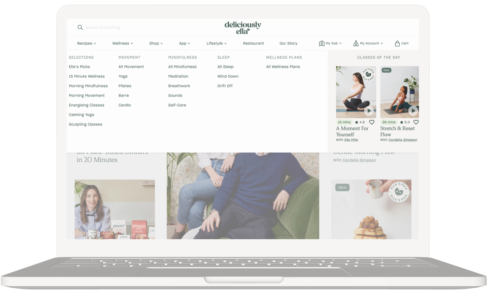 Desktop mockup of Deliciously Ella dropdown navigation menu