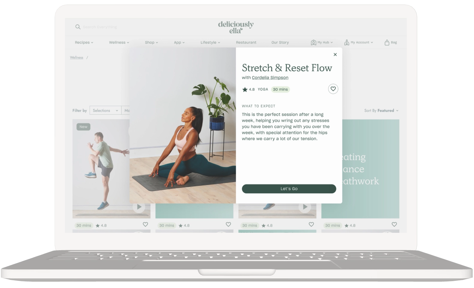 Desktop mockup of a Deliciously Ella wellness class