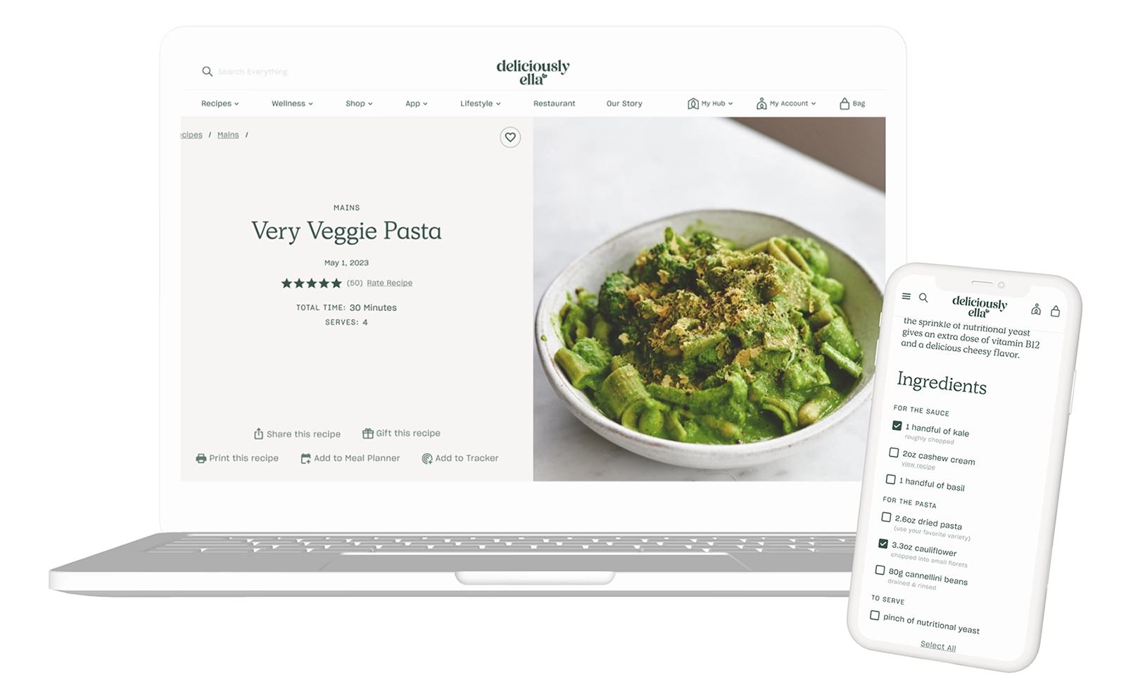 Desktop and mobile mockups of a Deliciously Ella recipe page