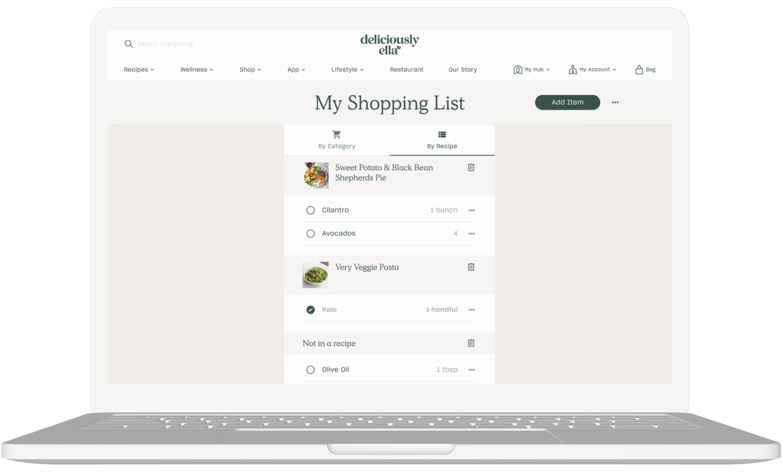 Desktop mockup of Deliciously Ella shopping list page