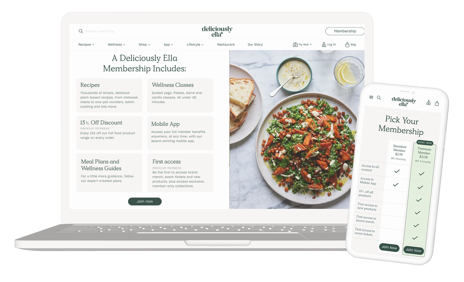 Desktop and mobile mockups of Deliciously Ella membership signup page