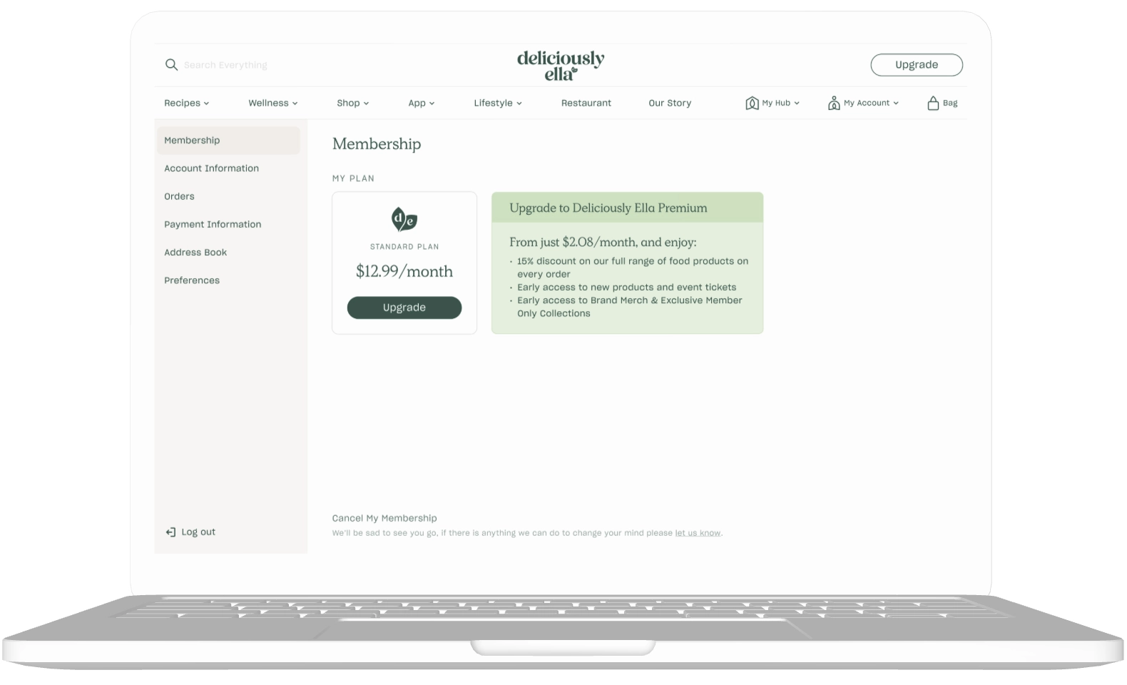 Desktop mockup of Deliciously Ella account settings