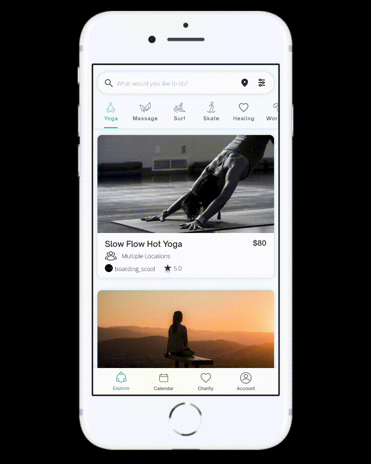 GIF showing the home explore screen for Kalyani, filtering results, and changing locations.