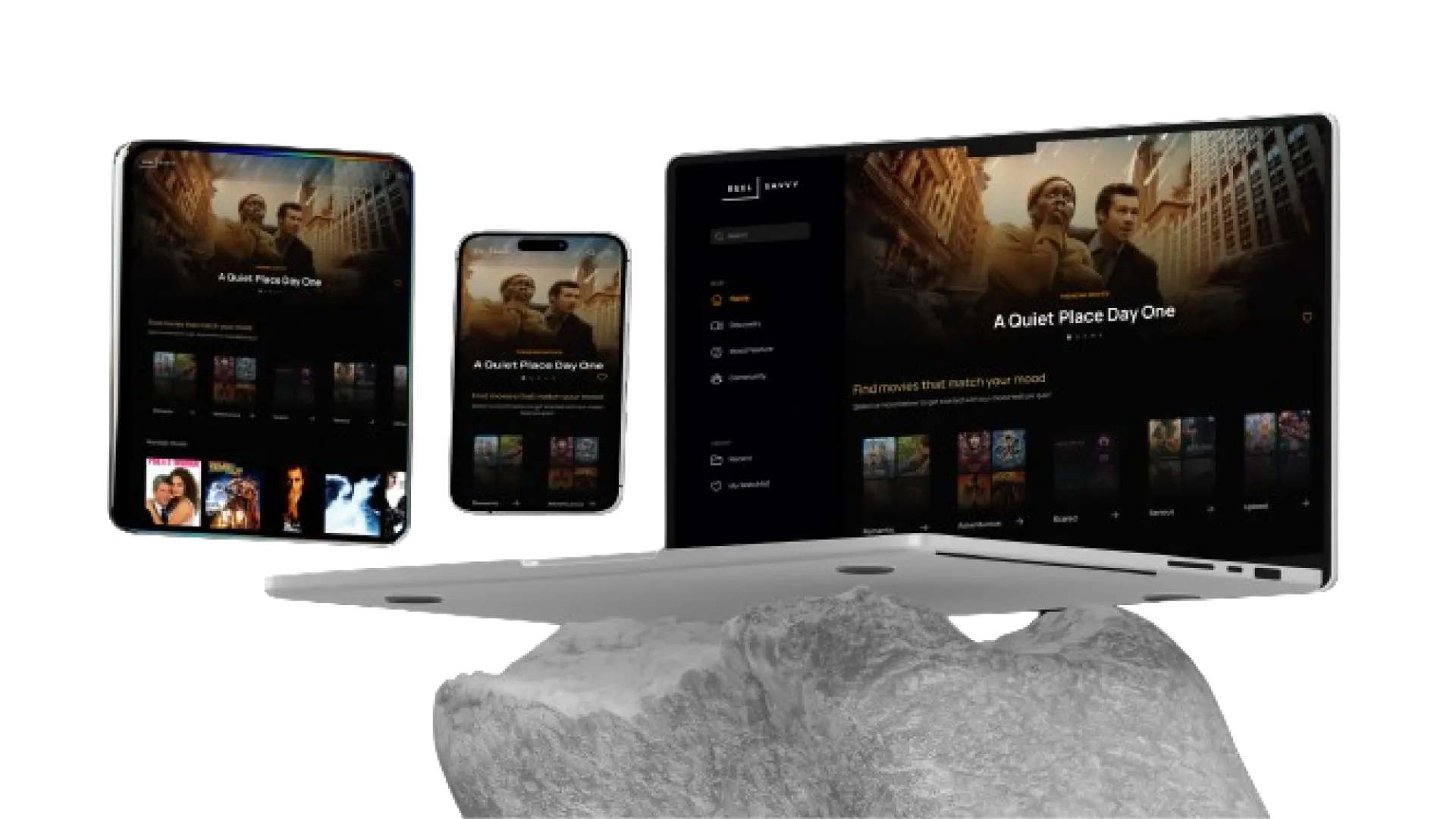 Tablet, smartphone, and laptop displaying a movie streaming app featuring 'A Quiet Place Day One'.