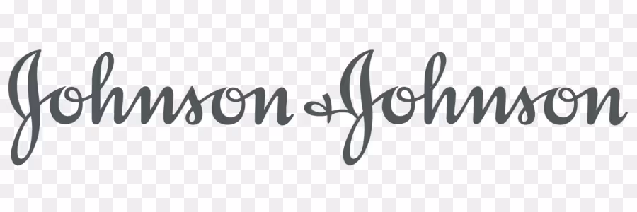 The image is a rectangular logo with a white background. It features the text "Johnson & Johnson" written in a stylized black cursive font. The text is centrally aligned and occupies most of the width of the rectangle. The color contrast between the black text and the white background makes the logo stand out prominently.