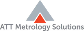 Logo featuring a large gray triangle with a smaller dark gray triangle inside its base, above the text "ATT Metrology Solutions" in gray font on a white background.