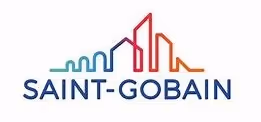 The image is a logo for the company Saint-Gobain. It features the company name "SAINT-GOBAIN" in bold, uppercase dark gray letters. Above the text is a stylized graphical element representing a city skyline. The skyline consists of various abstract building shapes in a gradient of gray.