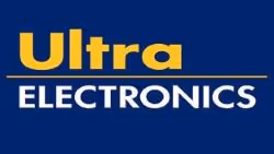 The image is a rectangular logo with a dark gray background. In the center of the logo, the word "Ultra" is written in bold, white, uppercase letters with a larger font size. Positioned directly below "Ultra," the word "ELECTRONICS" is written in smaller, uppercase white letters.