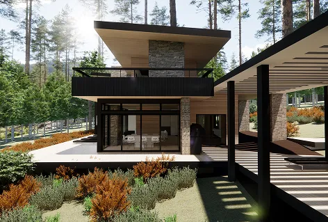 Rendering of modern two-story house with large windows, a balcony, stone and wood exterior, surrounded by trees and shrubs in a forest setting.