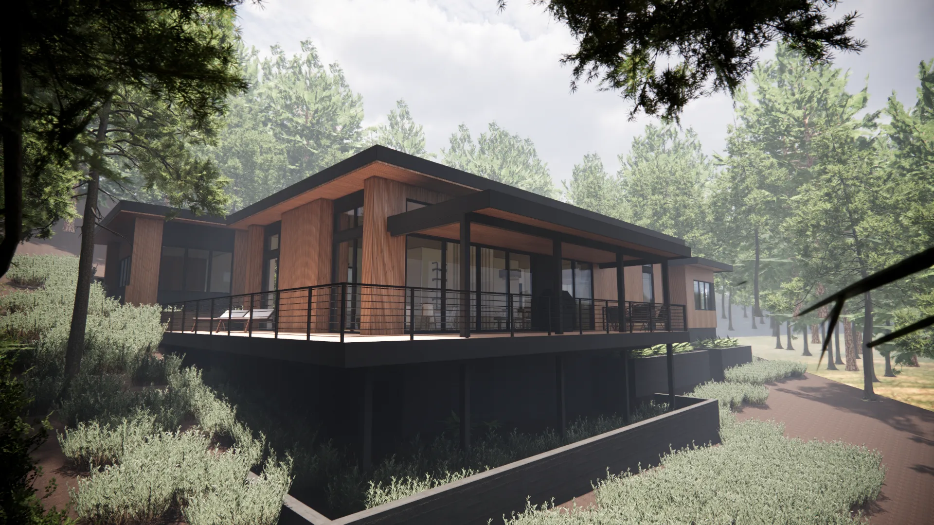 Rendering of a modern wood and glass house on raised foundation surrounded by trees and shrubs.