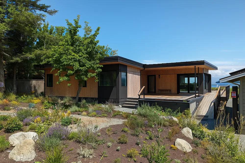 Modern single-story house with wooden exterior, large windows, a front porch, and a garden with greenery and rocks under a clear blue sky.