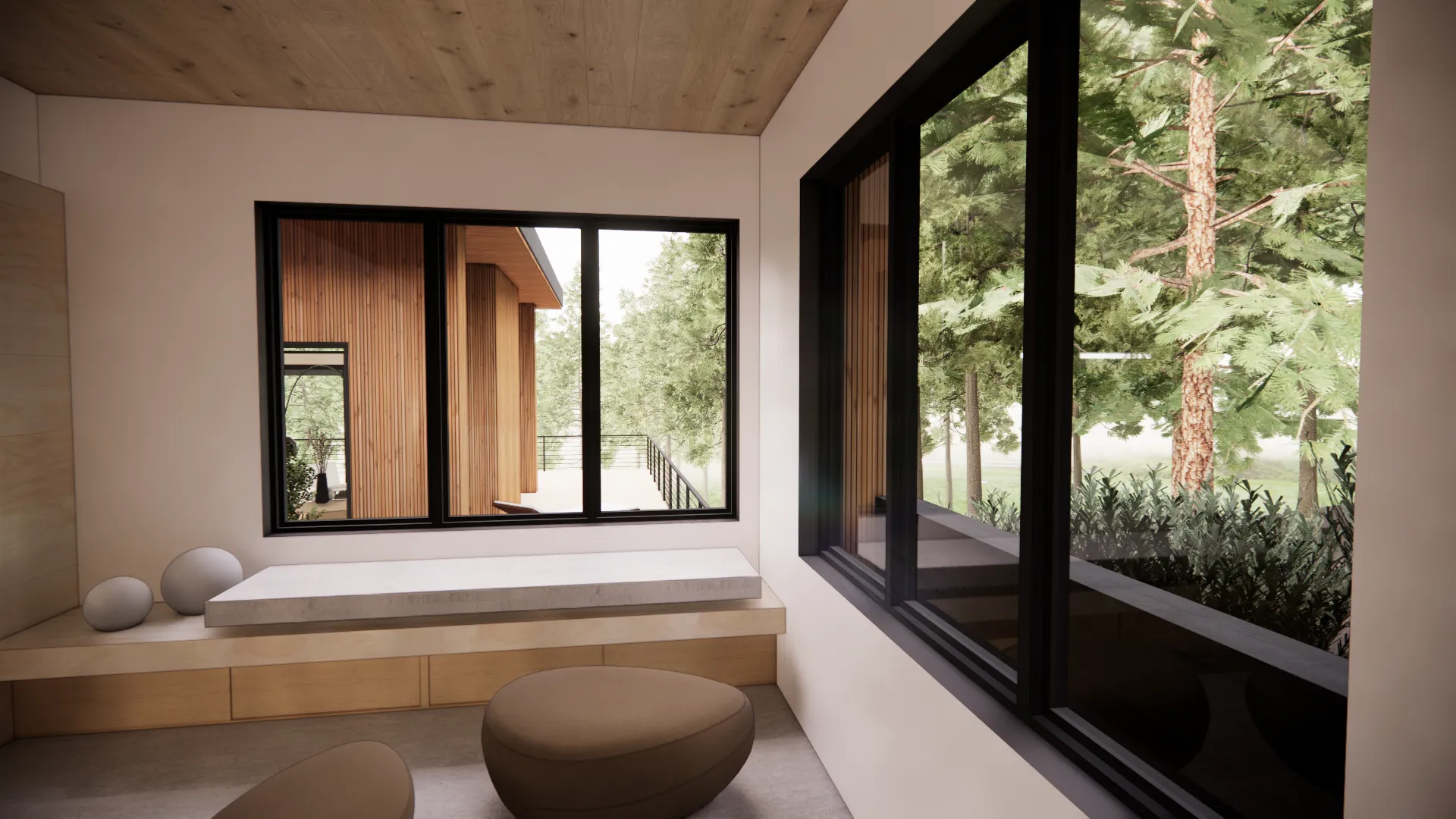 Rendering of modern interior seating area with large windows showing outdoor trees and wooden exterior walls.