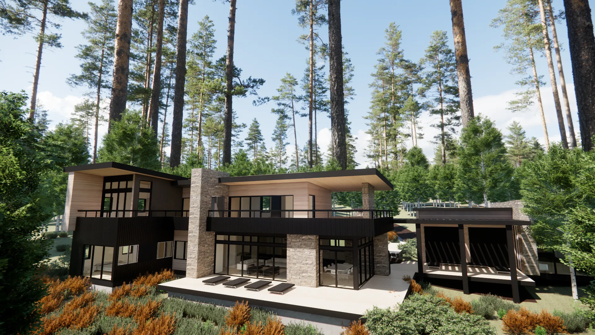 Rendering of modern two-story house with large windows, stone and wood exterior, surrounded by tall pine trees and lush greenery.