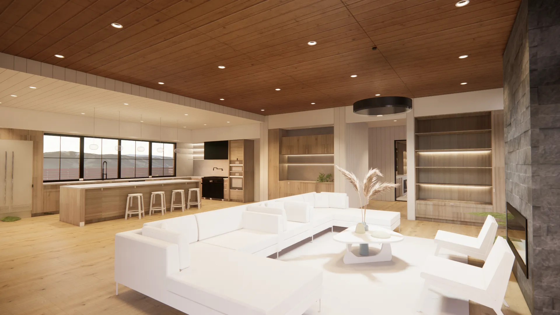 rendering of modern open-plan living room and kitchen with white sectional sofa, wooden flooring, and large windows overlooking mountains.