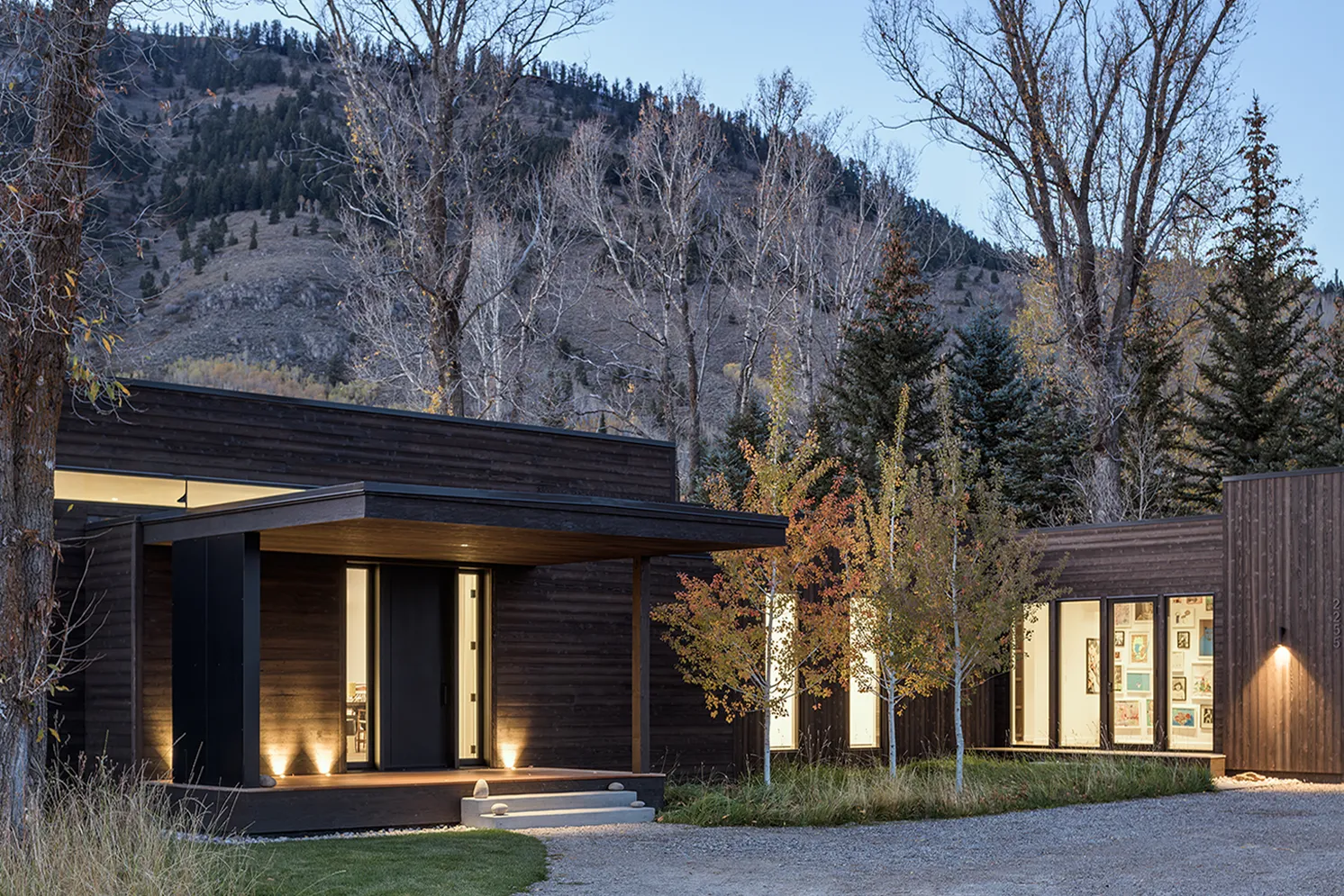 Modern two-story house with wooden and black panel exterior, large windows, and outdoor patio with plants and lighting at dusk.