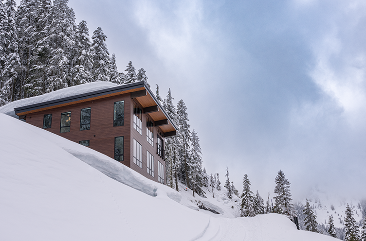 Modern wooden lodge surrounded by snow-covered trees on a snowy hillside under a cloudy sky.