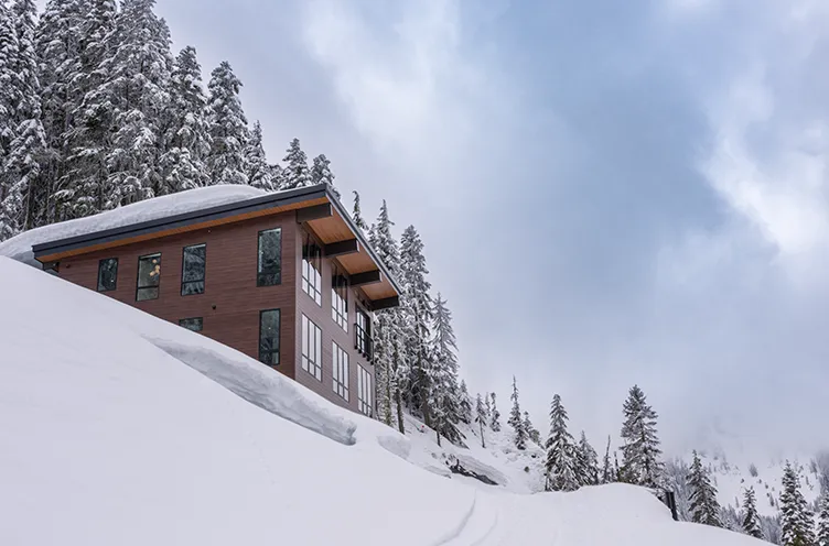 Modern wooden lodge surrounded by snow-covered trees on a snowy hillside under a cloudy sky.