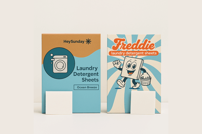 Freddie and HeySunday laundry detergent sheets shown side by side.