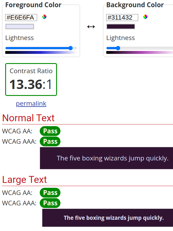 Two colors tested with WebAIM contrast checker have a contrast ratio of 13.36:1, which passes.