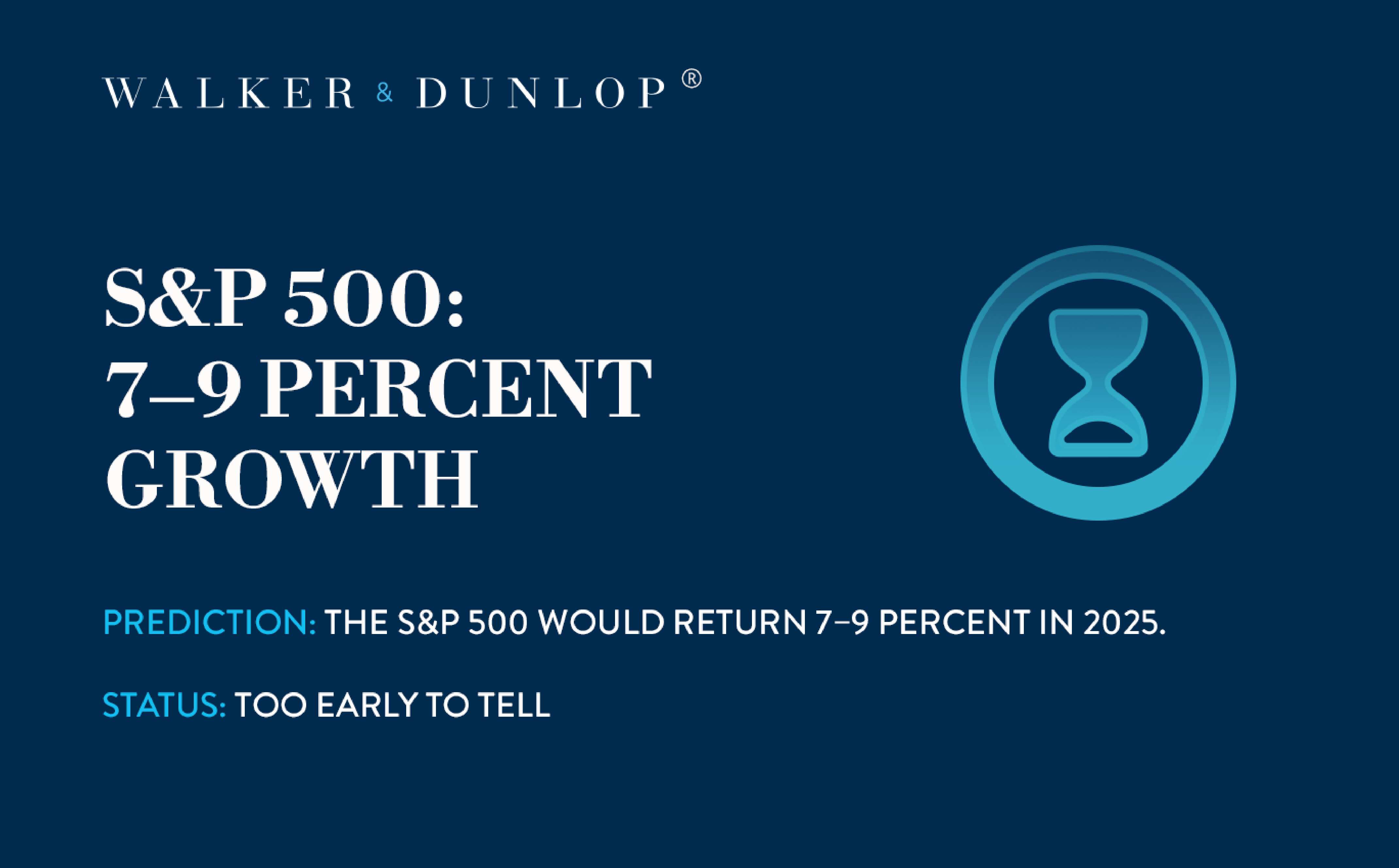 Dark blue graphic with Walker & Dunlop logo. Text: S&P 500: 7-9 Percent Growth. Prediction: 7-9% return in 2025. Status: Too early to tell. Features a blue hourglass icon.