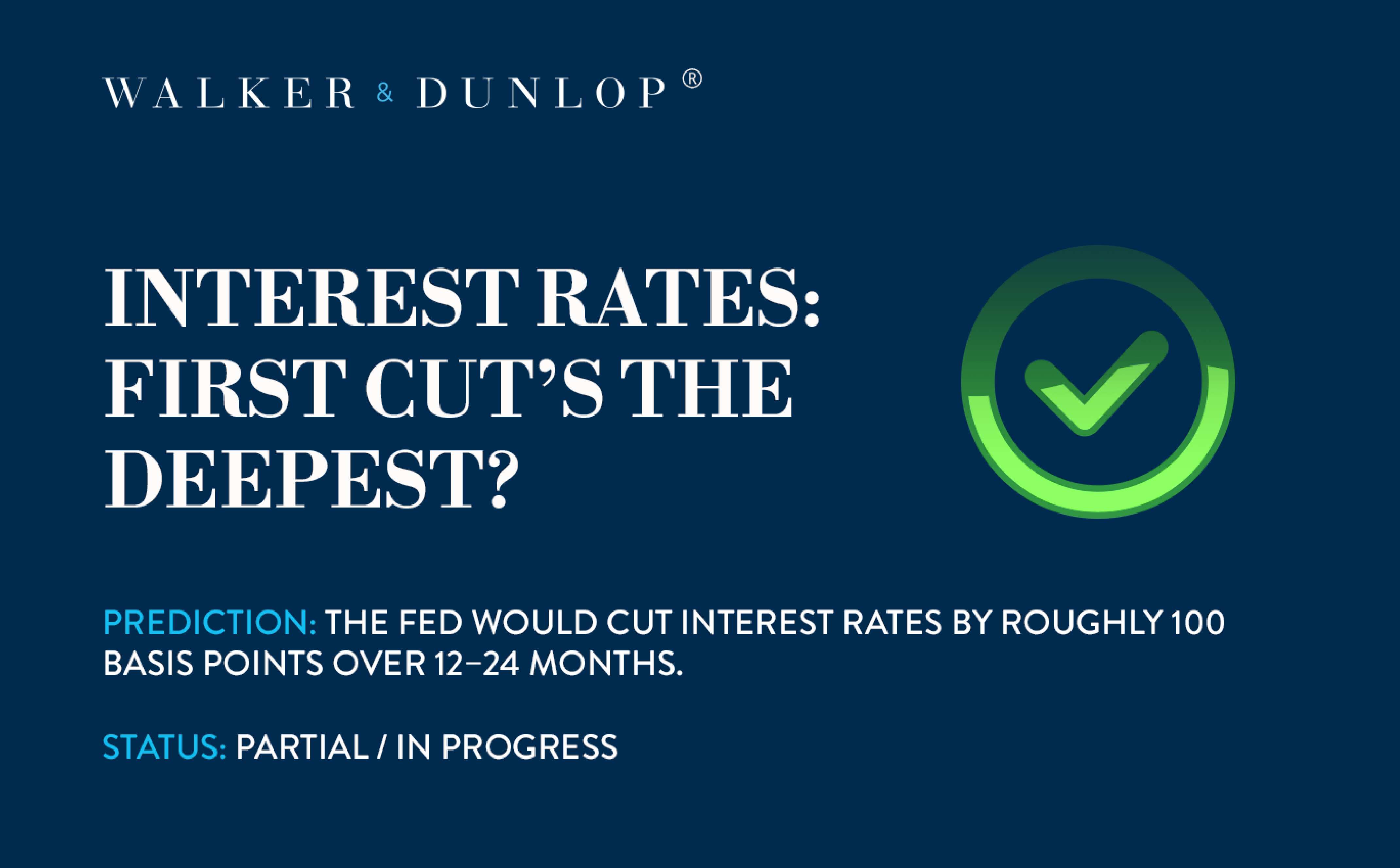 Dark blue graphic with white text reading Interest Rates: First Cut’s the Deepest? A green check mark circle is on the right. Below, text predicts a 100 basis point Fed rate cut over 12-24 months. Status: Partial/In Progress.