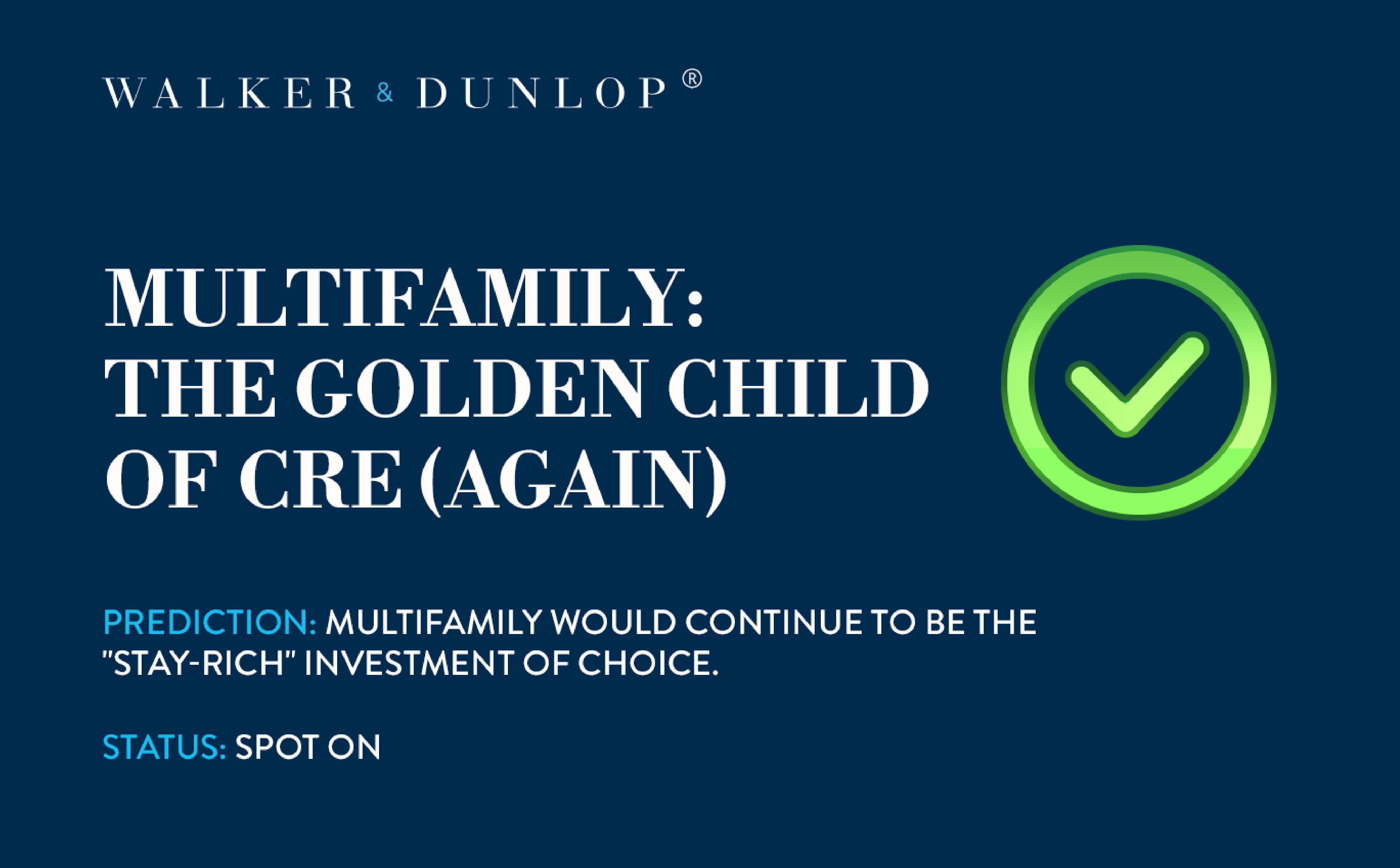 Large text reads, Multifamily: The golden child of CRE (again). Below, it states, Prediction: Multifamily would continue to be the 'stay-rich' investment of choice, with Status: Spot on in blue. A green checkmark icon is on the right.