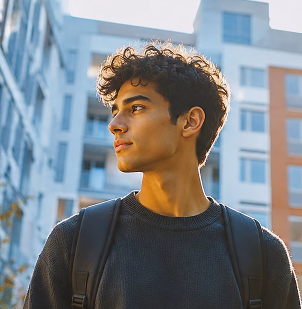 Young man with backpack looking to the side in an urban setting with modern buildings.