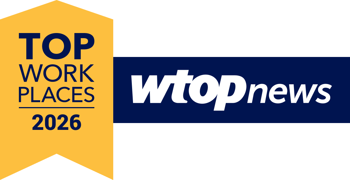 Badge with text 'Top Work Places 2026' next to the WTOP News logo on a dark blue background.