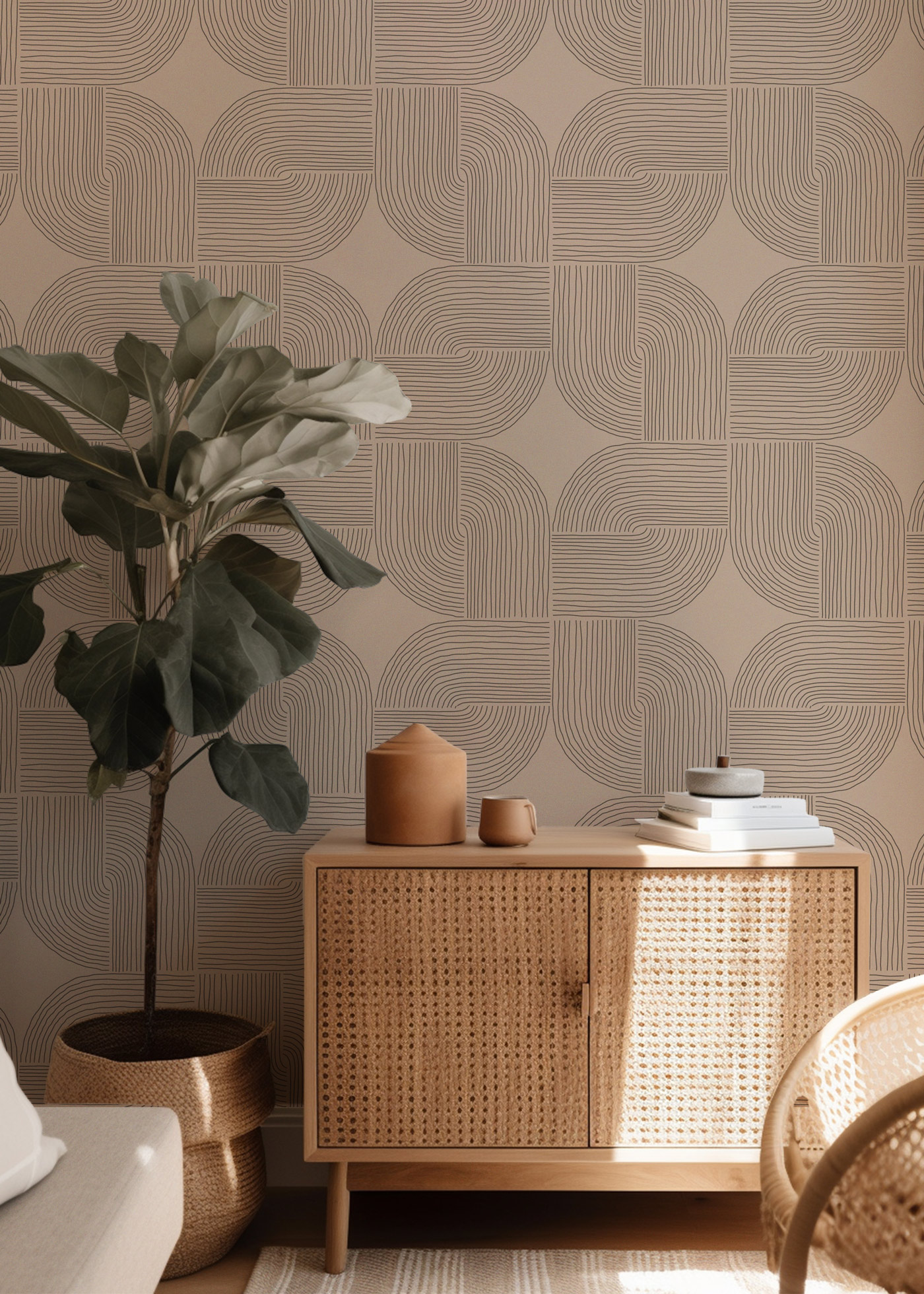 Console and plant in front of Scandinavian style brown wallpaper