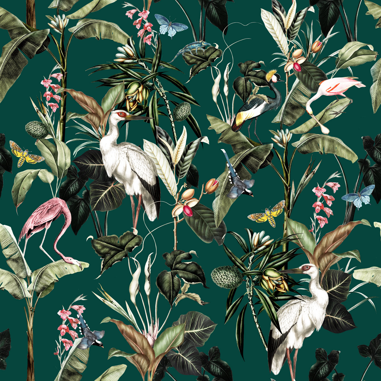 Tropical palms and birds design on a green background