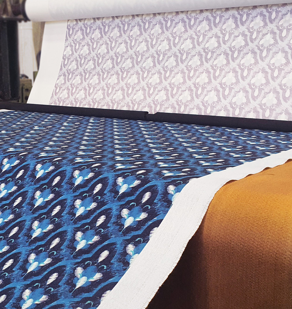 Blue batik design being sublimation printed
