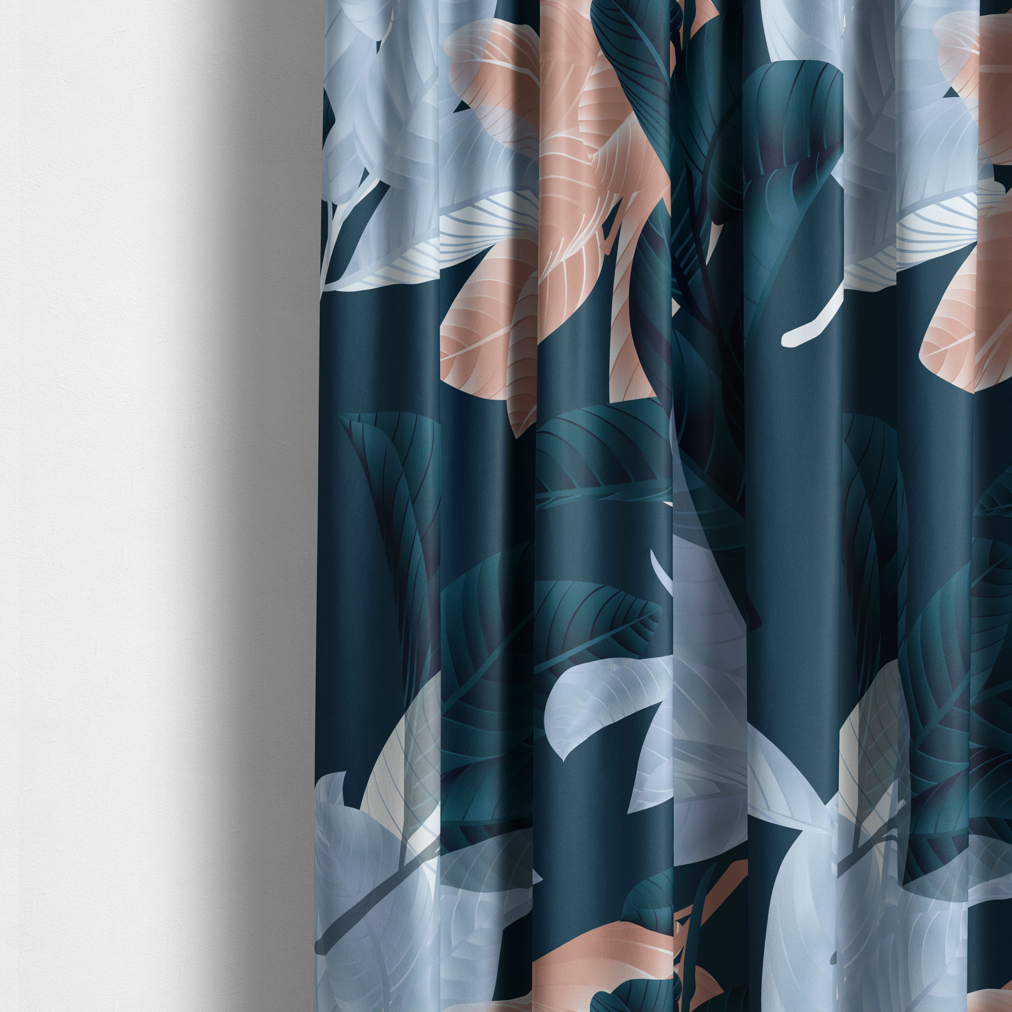 Close up of a curtain with a modern navy floral design