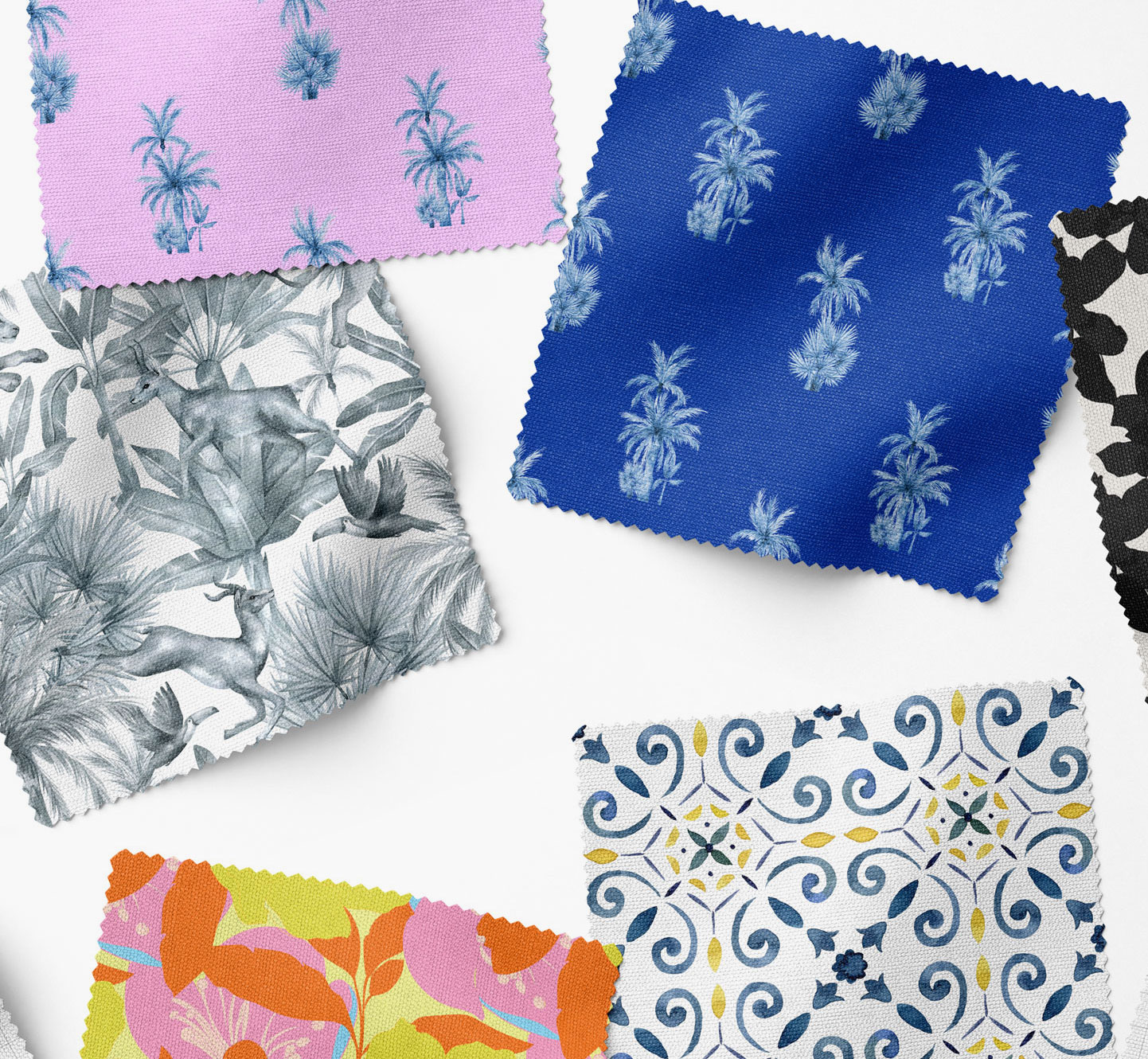 Flat lay of different fabric swatches in multiple different prints
