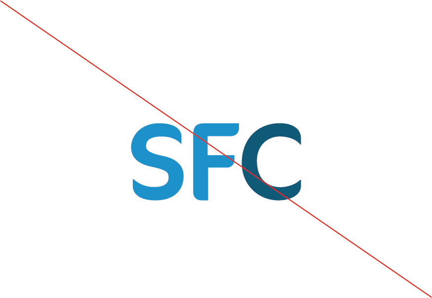Letters SFC in blue text with red diagonal line