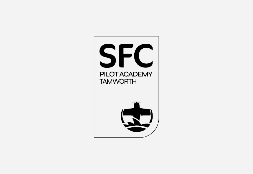 Black and White SFC Pilot Academy Tamworth Logo with Red Diagonal Line