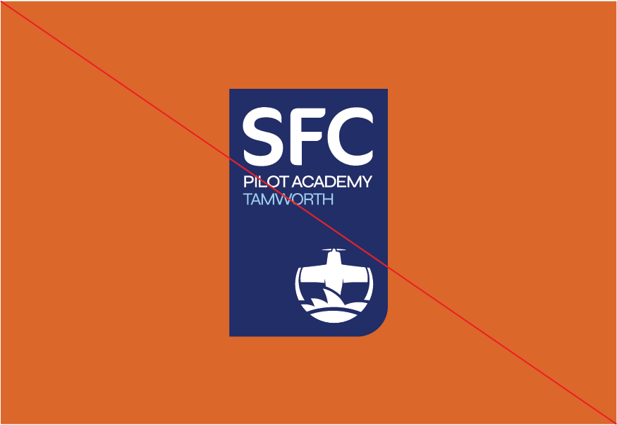 Blue SFC Pilot Academy Tamworth Logo with Red Diagonal Line on an orange background