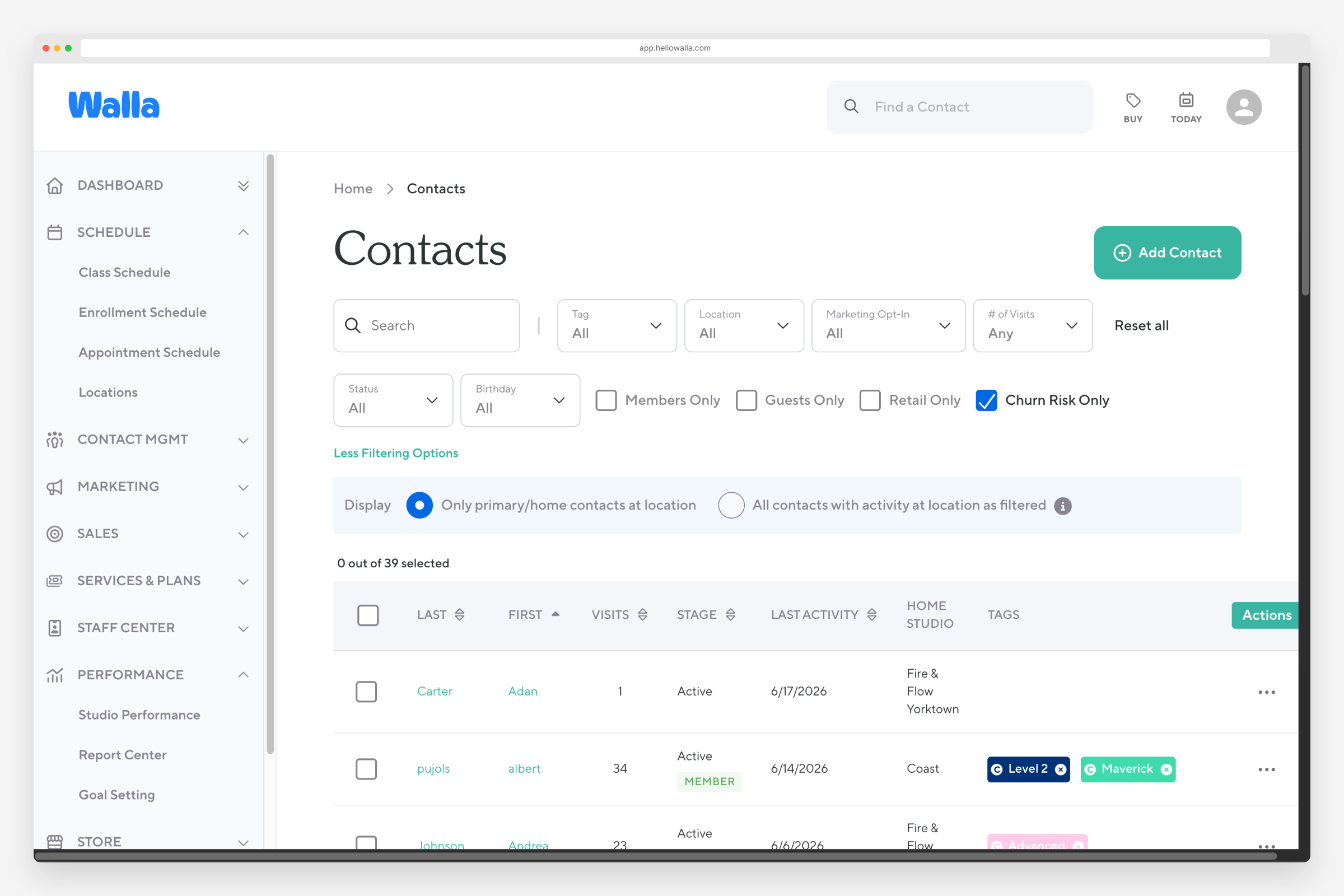 Walla contacts list filtered to members at churn risk