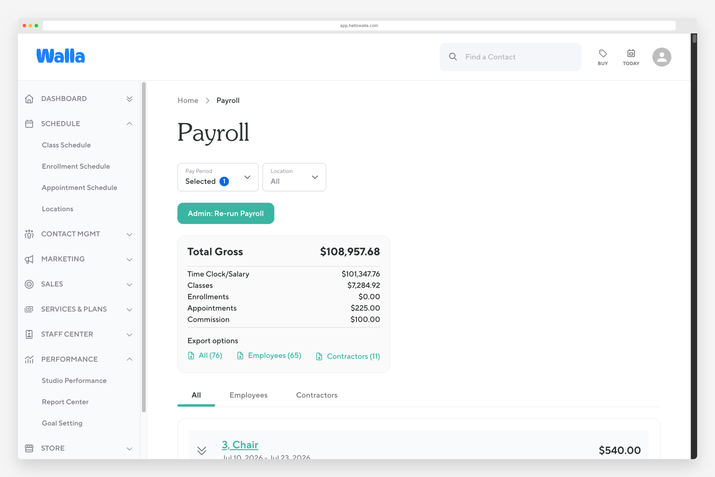 Walla staff payroll view with teacher pay rates set up and ready to run